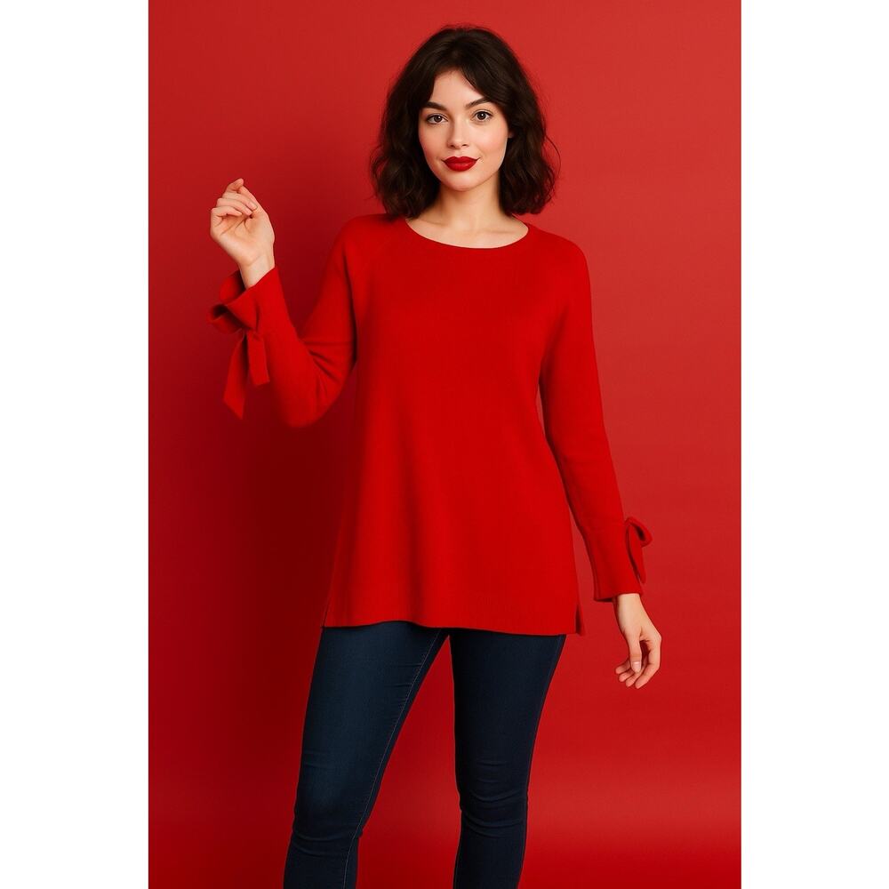 Vintage Cherry Girl Hampshire Studio Red Bow Sleeve Sweater Size L Soft Holiday - Picture 1 of 6